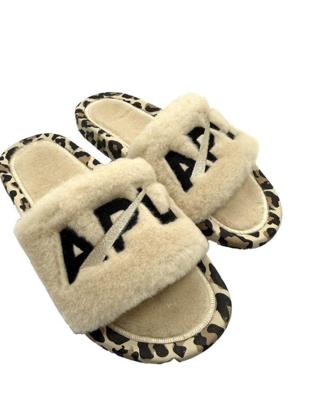 APL Shearling Slide Sandals Womens 8 Leopard Fur Logo Cozy Luxe Comfort Slip